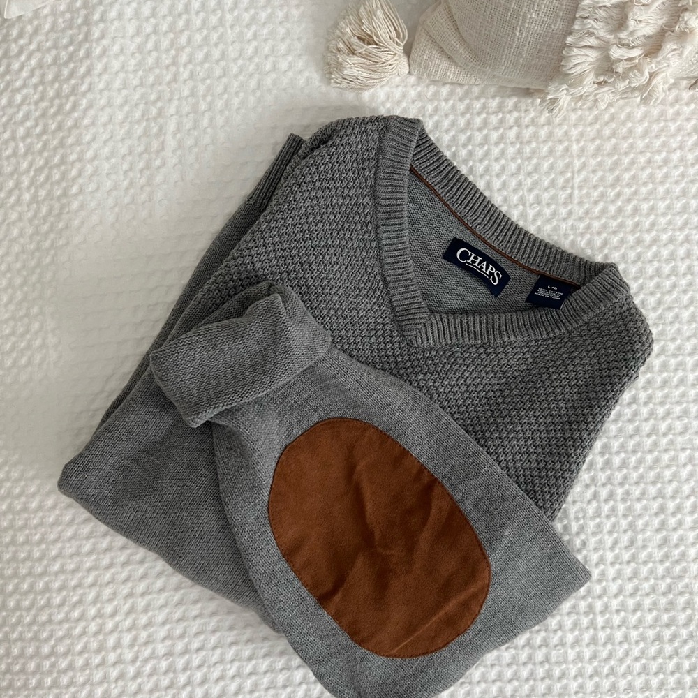 Chaps V-Neck Gray Sweater with Brown Elbow Patches | 100% Cotton
